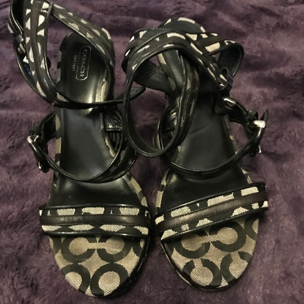 Coach logo black and grey wedge sandals size 9